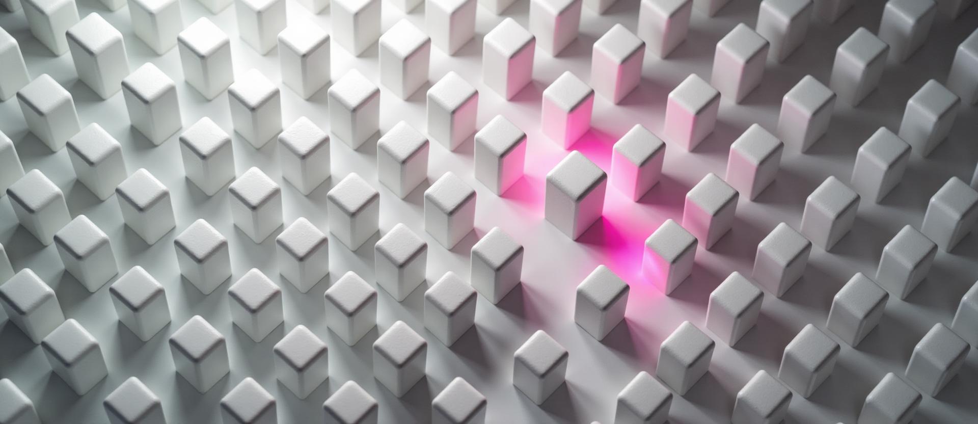 Cubos idênticos em grid com um destacado em magenta