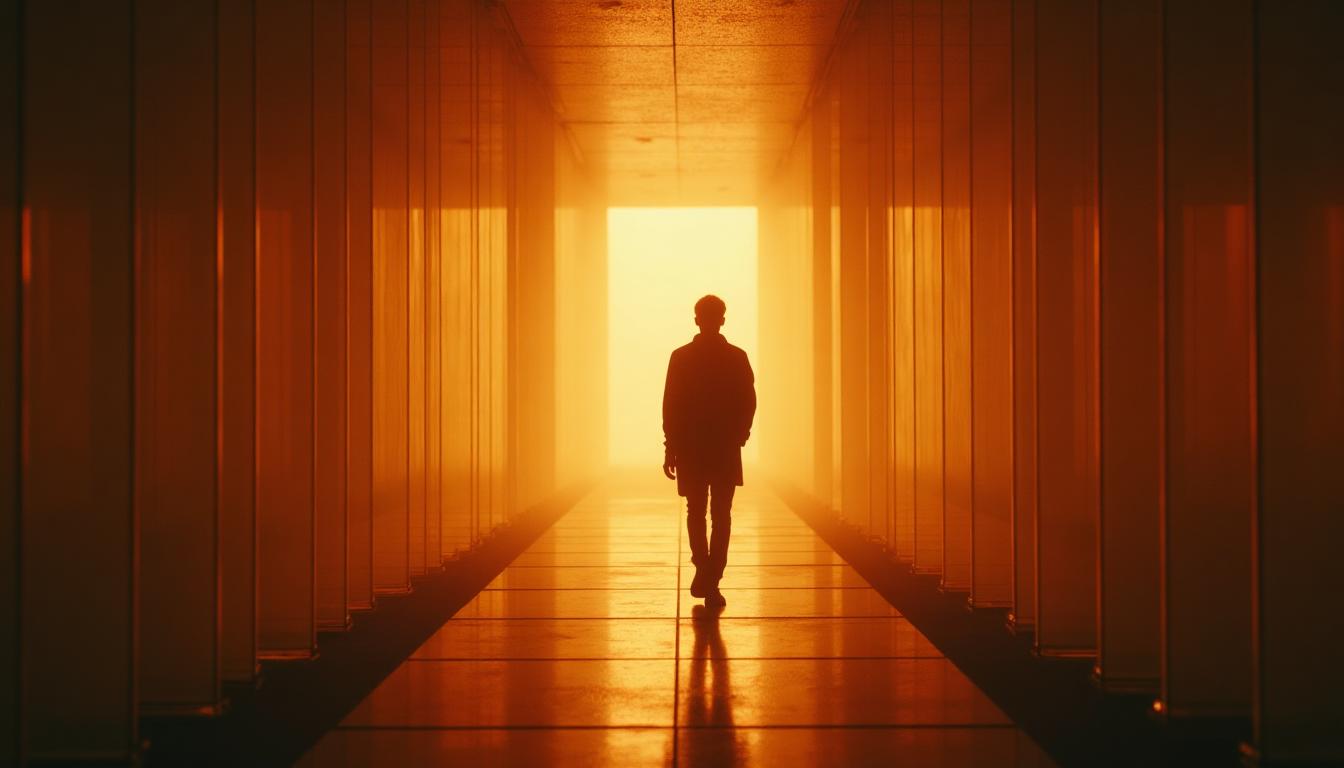 Figura caminhando em corredor iluminado