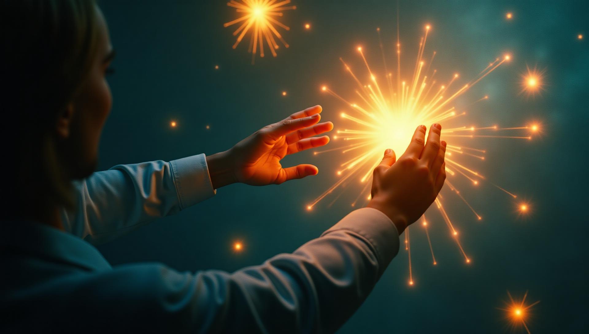 Mãos interagindo com luz etérea
